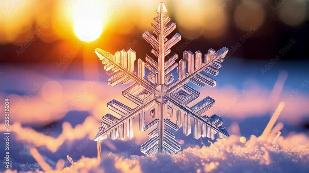 Aufkleber close up of a single delicate snowflake on a snowy surface with a vibrant sunset in the background c