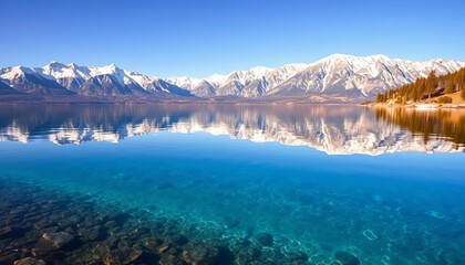 Crystal clear turquoise water, snow-capped Sierra Nevada peaks reflecting in Lake Tahoe's calm surface,  landscape,  scenery