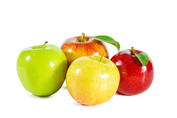 Shiny juicy multi-colored apples with leaves isolated on white background.
