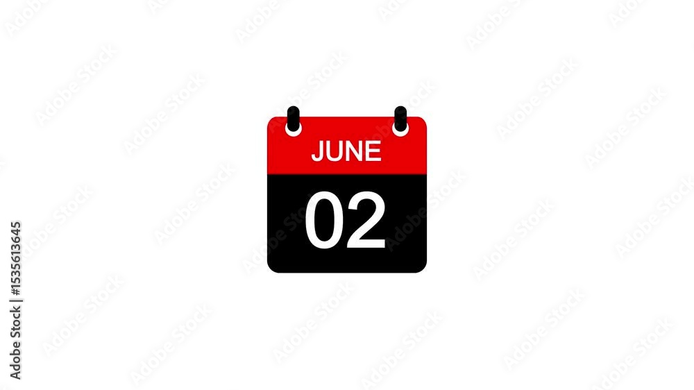 Poster june 2 daily calendar icon animation on transparent background. calendar with the date june 2 on a w