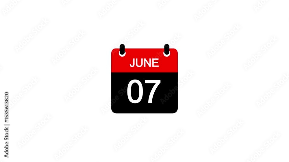 Poster june 7 daily calendar icon animation on transparent background. calendar with the date june 7 on a w