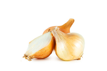 Whole and half onion, isolated on white background.