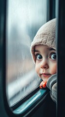 A child peeking out from a train window with wide eyes, experiencing travel for the first time