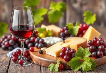 Elegant wine glass, cheese board, grapes, vine leaves,   image,   grapes