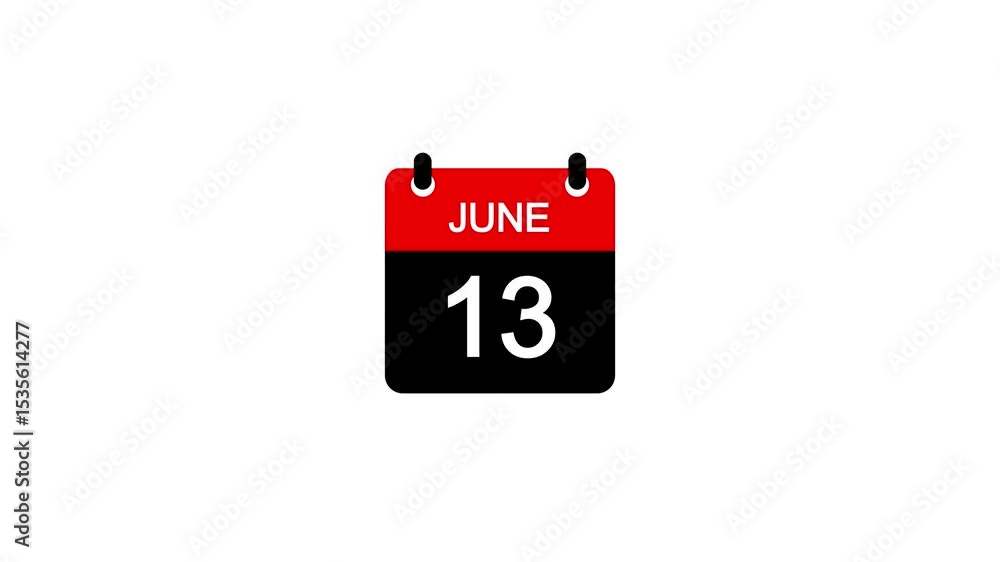 Poster june 13 daily calendar icon animation on transparent background. calendar with the date june 13 on a