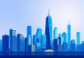 Fototapeta premium Flat style illustration of a modern blue city skyline with skyscrapers and high-rises, illustration art, city