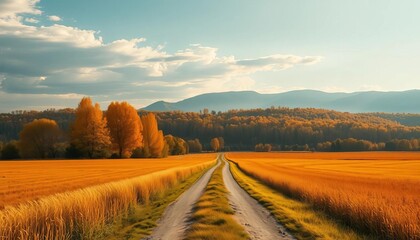 Naklejka premium Golden autumn fields stretch to a lonely road, bathed in sunlight, way, picturesque