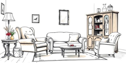 Hand-drawn illustration of classic armchair, sofa, and cabinet  Cozy home decor sketch,   sofa set, vintage