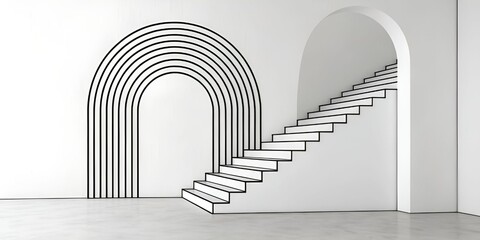 Modern minimalist interior design featuring a white staircase ascending towards an archway decorated with a black rainbow line pattern