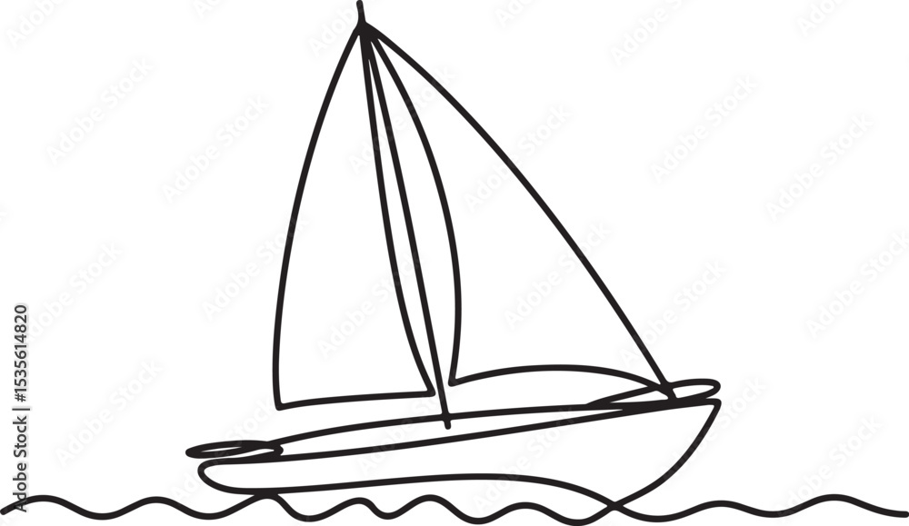 Poster continuous line drawing of a sailboat with a single sail floating on gentle waves in black and white