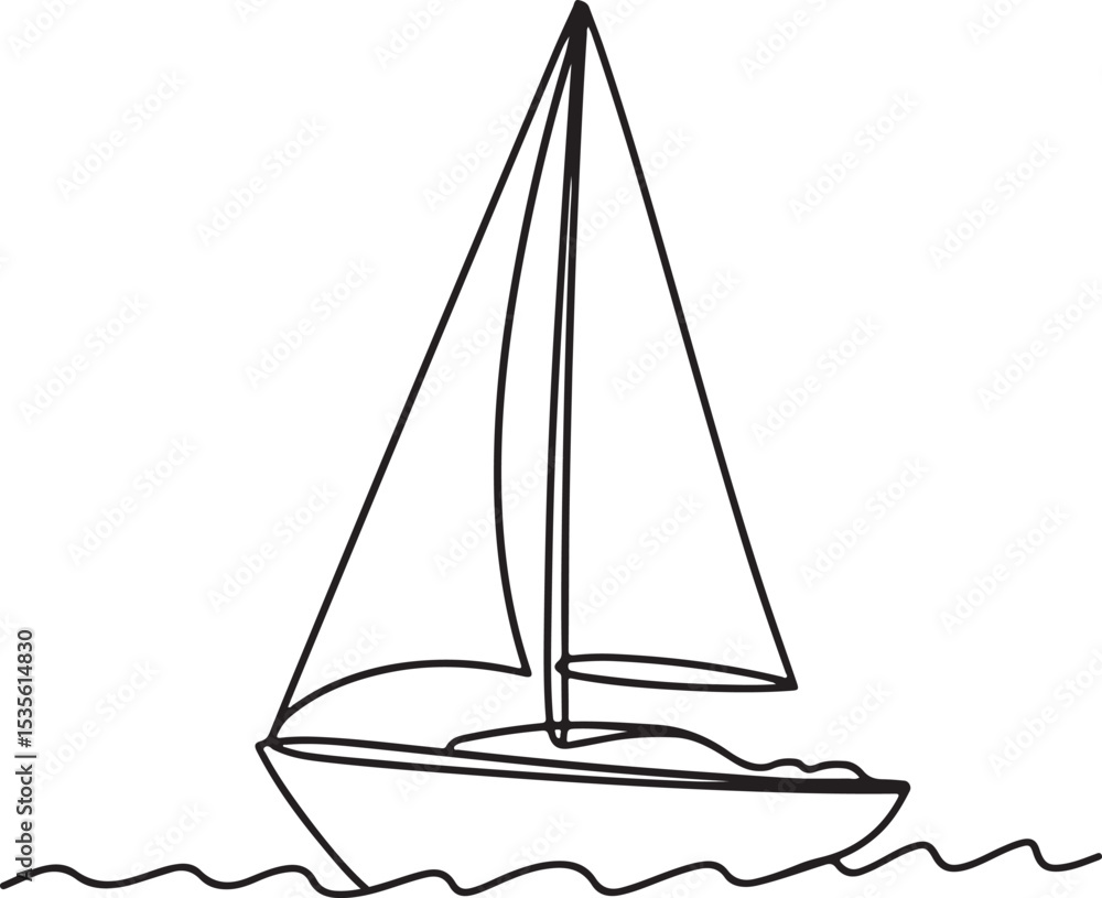 Poster continuous line drawing of a sailboat with a single sail floating on gentle waves in black and white