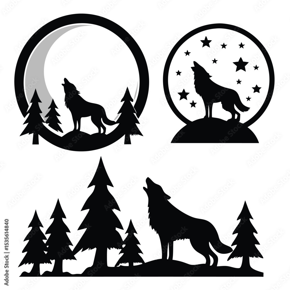 Poster silhouette of a howling wolf with pine trees and circular frame design elements