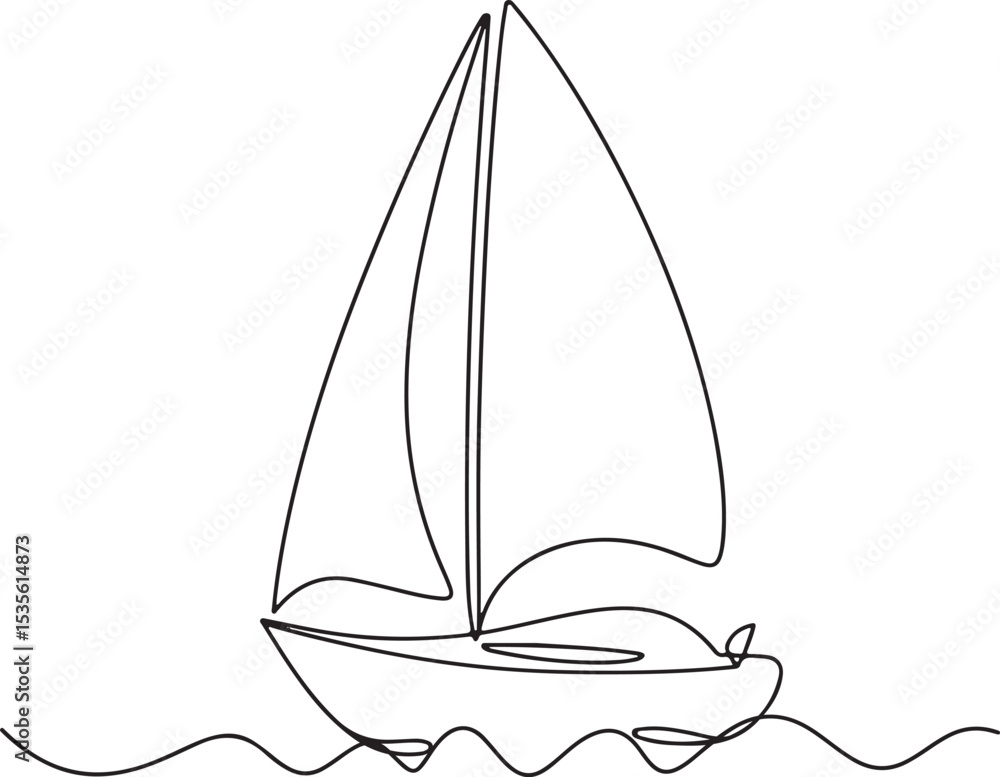 Poster continuous line drawing of a sailboat with a single sail floating on gentle waves in black and white