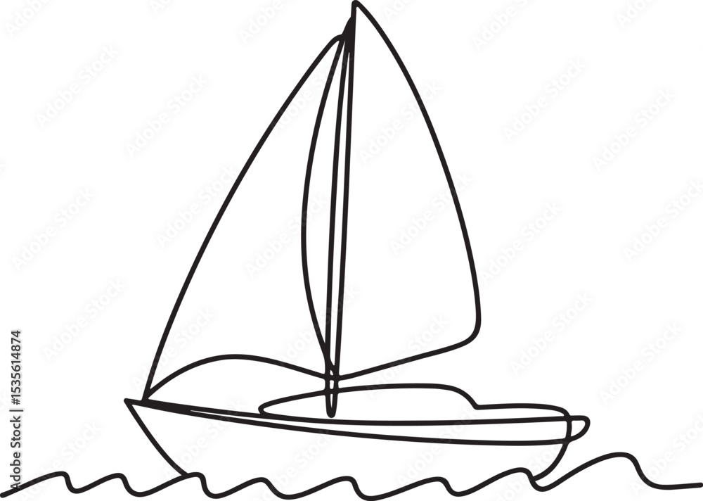 Poster continuous line drawing of a sailboat with a single sail floating on gentle waves in black and white