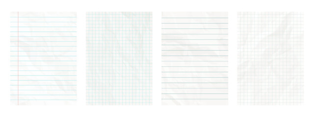 Lined and checkered white paper. Blank crumpled pages of school notebook. Background paper texture	