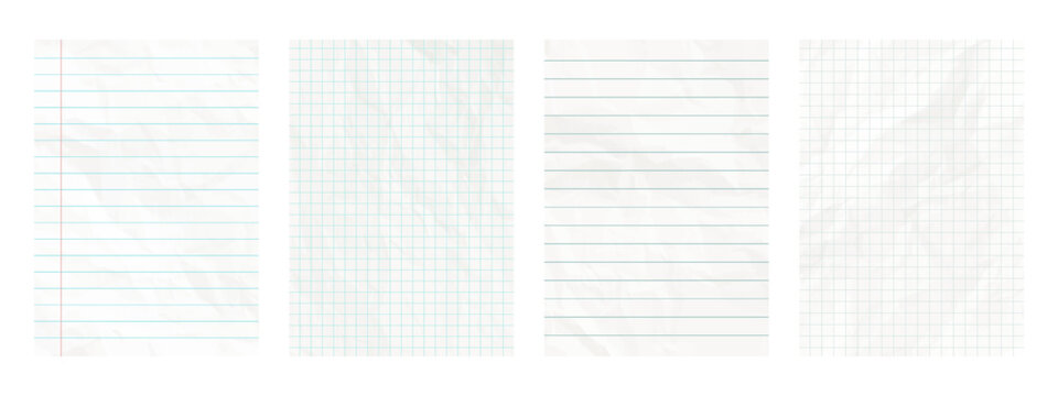 Lined and checkered white paper. Blank crumpled pages of school notebook. Background paper texture	