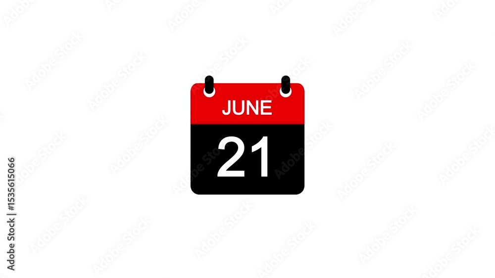 Poster june 21 daily calendar icon animation on transparent background. calendar with the date june 21 on a