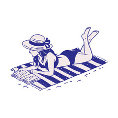 Woman Reading Book on a Beach Sea Travel Vacation Summer Sketch Whimsical Doodle Illustration