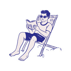 Man Reading Book on a Beach Sea Travel Vacation Summer Sketch Whimsical Doodle Illustration