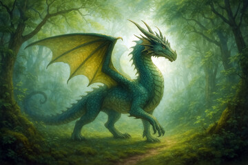 Majestic green dragon standing on a forest path in a misty magical woodland setting.