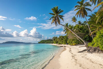 Fototapeta premium Beautiful tropical beach scene with crystal clear water and lush palm trees under blue sky