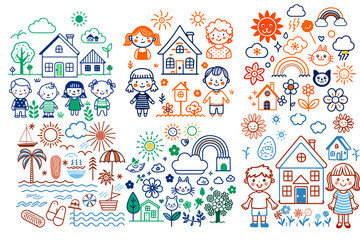 Colorful hand-drawn illustrations of children, houses, and nature  