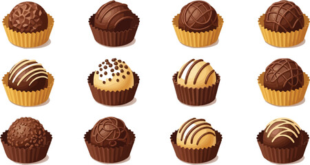 Fototapeta premium An array of twelve chocolate truffles with various designs and wrappers on a plain white background
