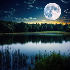 Full Moon Over Lake with Trees and Grass at Night