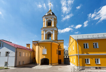 Bogoroditse-Rozhdestvensky Monastery, known as the Rozhdestvensky Monastery,  in Moscow. Bell tower in classical style with the church of the Holy Martyr Eugene of Kherson (1835-1836). Russia