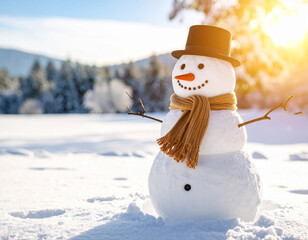 Fototapeta premium A happy snowman with scarf and hat smiles under a bright winter sun. Snowflakes sparkle in the crisp, fresh snow around it.