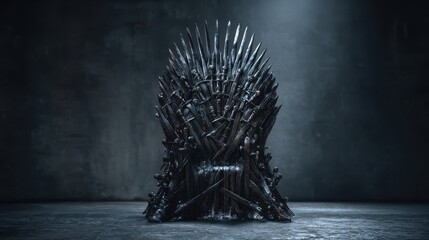 Premium image of medieval iron throne made of weapons with dark knights game background. Concept Dark Knights, Medieval Weapons, Iron Throne, Game Background, Fantasy DÃ©cor.