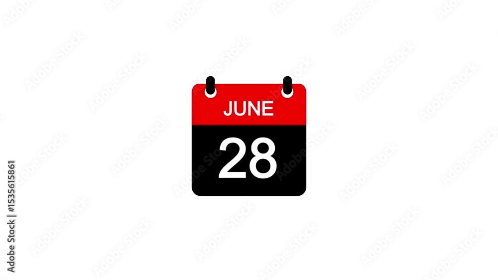Poster june 28 daily calendar icon animation on transparent background. calendar with the date june 28 on a