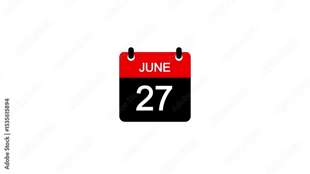 Poster june 27 daily calendar icon animation on transparent background. calendar with the date june 27 on a