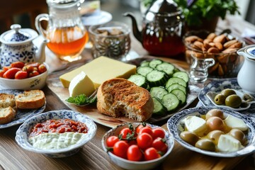 Mediterranean breakfast table with cheese and olives