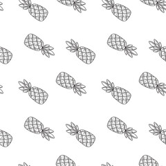 Sketch pineapples seamless diagonal pattern. Fruit outline for fabric, wrapping paper, textile, wallpaper. Vector illustration