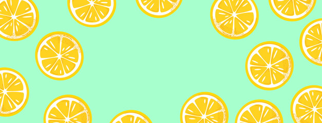 Cute lemon slice pattern on mint green background. Bright and fresh fruit design for summer, wrapping paper, banners, cards, flyers