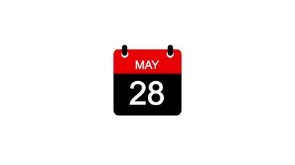May 28 Daily Calendar icon animation on transparent background. Calendar with the date May 28 on a white background.