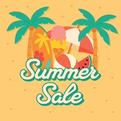 Summer sale tropical vector design with palm trees, bright sun, juice, sunglasses, floral decorations, and colorful summer promotional layout.