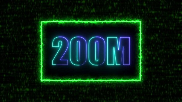 Neon 200M text animation on blur background. Neon glowing 200M 'followers' animation with neon border.