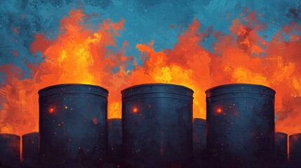 Three industrial barrels burn with intense flames and sparks against a vibrant blue sky, evoking a powerful scene of fire and heat.