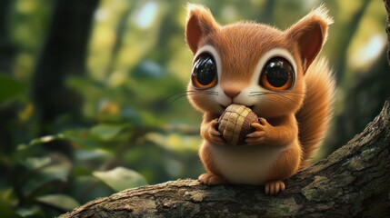 Fototapeta premium Adorable Squirrel Holding a Nut in a Lush Forest Environment Illustration