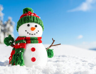 Obraz premium The snowman wears a cozy green hat and red scarf. Snowflakes rest on its head as it stands happily in a snowy landscape.