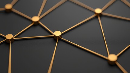 A close-up of a gold and black network structure with interconnected nodes and lines creating a geometric pattern.