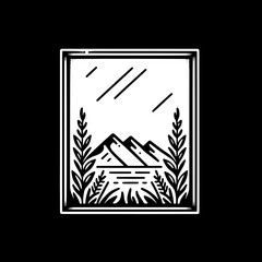 scenic landscape, geometric frame, art deco border, silhouette forest, sunset mountain vista, black and white, digital illustration