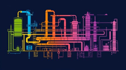 A colorful schematic diagram of an industrial process plant with interconnected pipes, tanks, and valves on a dark blue background.
