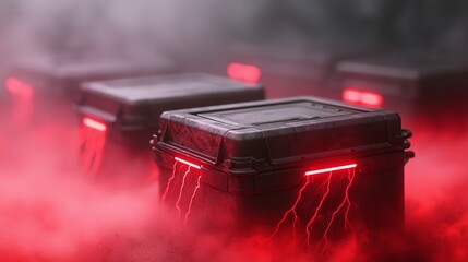 Futuristic black containers with glowing red lightning effects and mist create a mysterious, high-tech atmosphere.