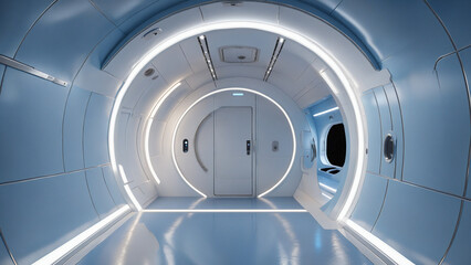 Futuristic Interior Round Hallway of Spaceship or Space Station Rendering