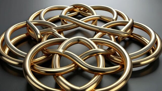 Complex interlaced arrangement of smooth golden toroid rings create a symmetrical pattern on a dark surface, evoking connection, unity and strength.