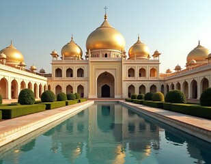 Obraz premium A grand Indian palace with golden domes and a long reflecting pool.