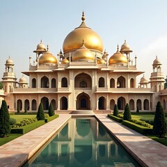 Obraz premium A grand Indian palace with golden domes and a long reflecting pool.